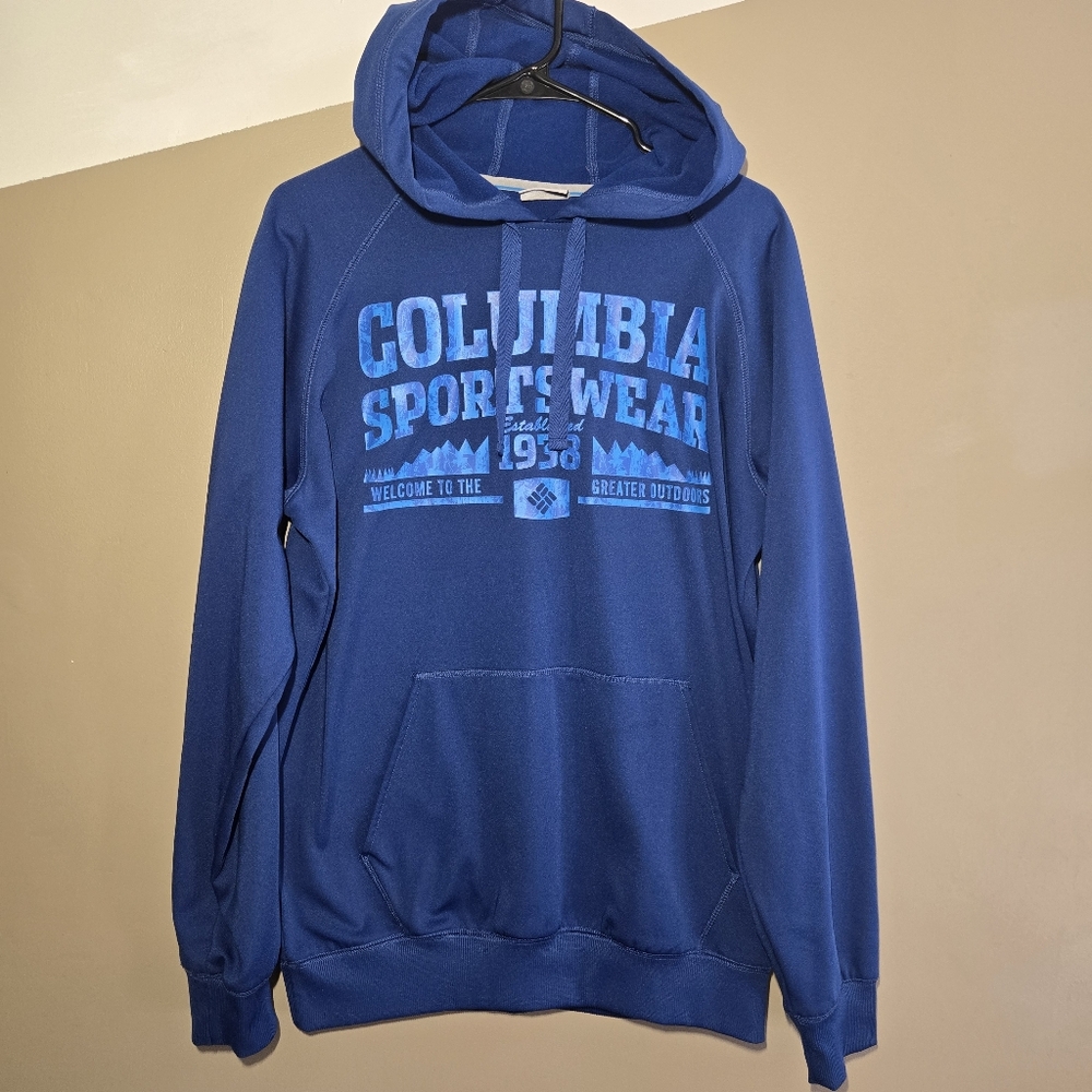 Columbia Men's Hoodie Sweatshirt Blue Fleece Graphic Drawstring Pullover Medium